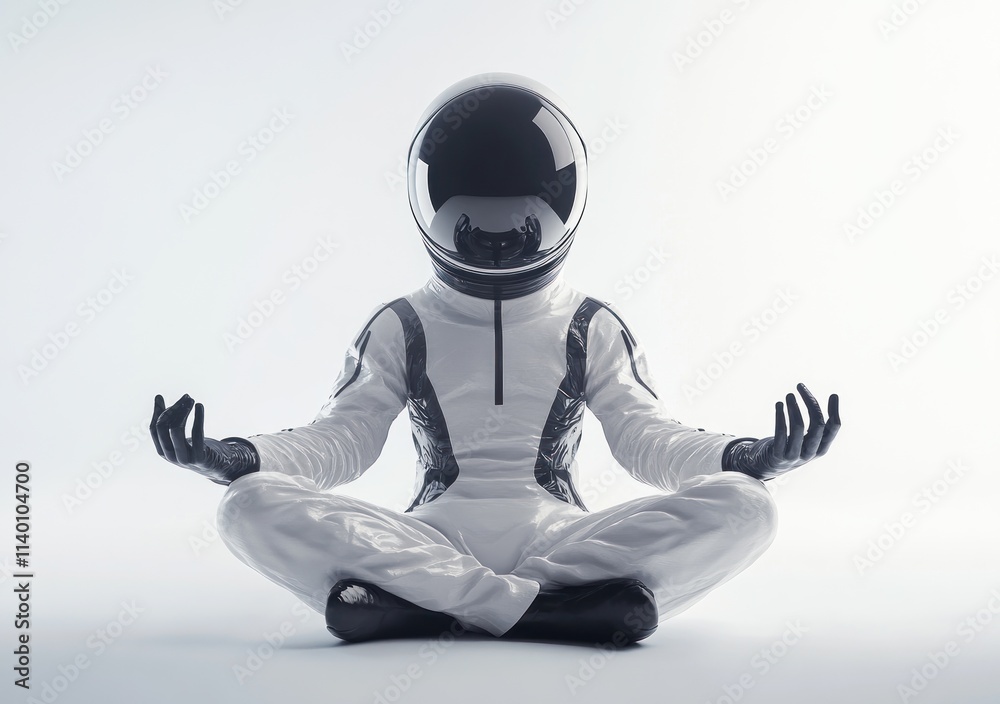 Poster a figure in a futuristic spacesuit meditates, embodying tranquility in a cosmic setting.