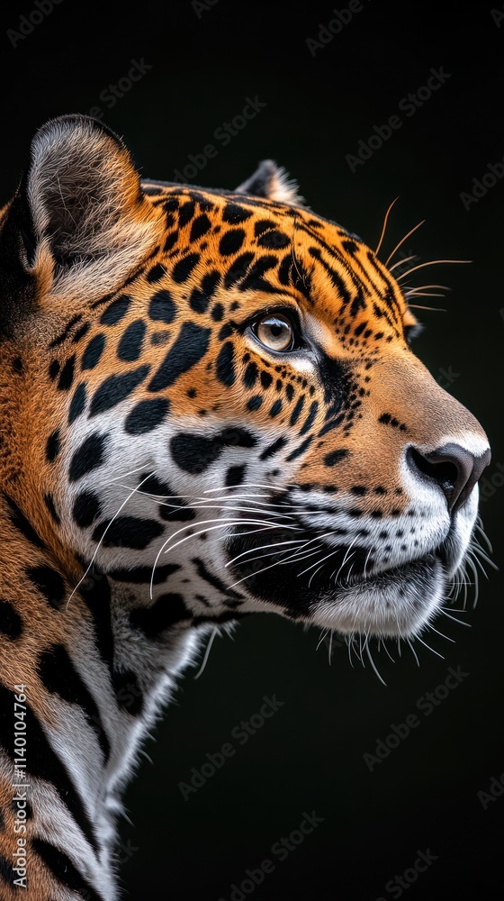 Poster a close-up profile of a jaguar showcasing its distinctive fur patterns and piercing eyes.