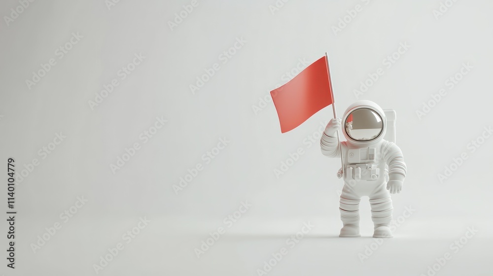 Poster a small astronaut figurine holds a red flag in a minimalist setting.