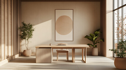 A Serene and Minimalist Workspace for Enhanced Productivity and Comfort, Inspired by Zen Principles and Calming Elements