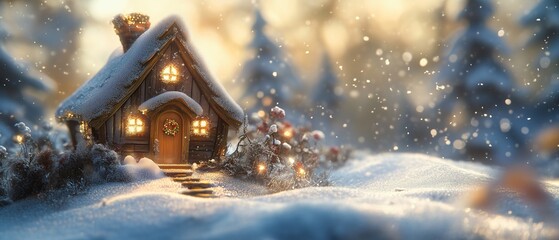 Enchanting fantasy christmas house in a dreamy forest with snow and glowing lights. Winter scene. Seasonal background with copy space. Generative AI. 