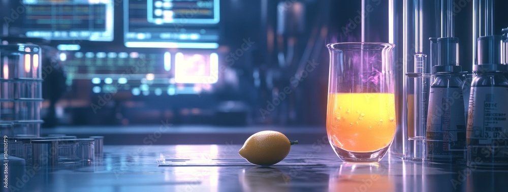 Aufkleber a laboratory scene featuring a lemon and a beaker with a colorful liquid.