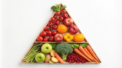 A colorful arrangement of fruits and vegetables shaped like a triangle, showcasing healthy eating and nutrition.