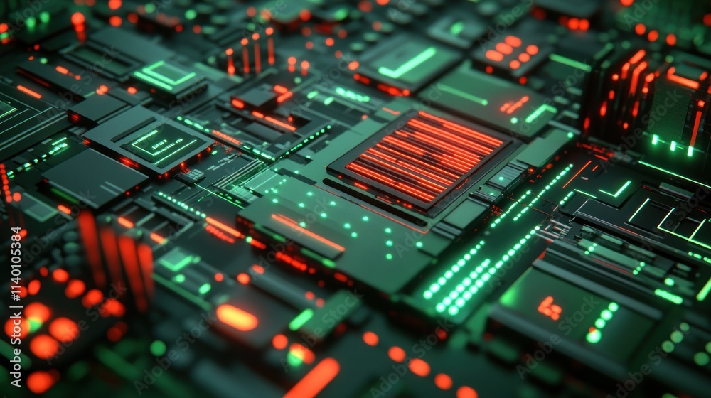 Aufkleber A close-up of a futuristic circuit board with glowing red and green elements.