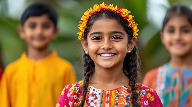A joyful girl in traditional attire, adorned with flowers, radiating happiness with friends in a vibrant outdoor setting.
