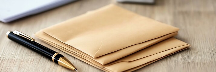A stack of clean office envelopes with a pen beside 