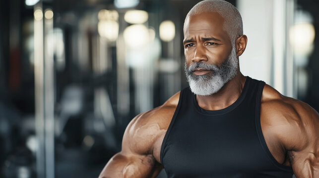 Aging African American Man Lifting Weights in Modern Gym