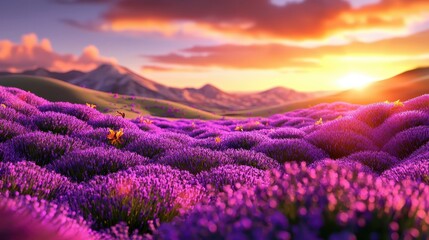 Fototapeta premium Sunset Over Lavender Fields with Purple Blooms and Scenic Mountain Landscape