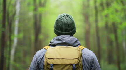 A backpacker stands in a tranquil forest, surrounded by greenery, taking in the beauty of nature and the peaceful atmosphere.