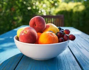 White bowl with fresh fruit on an old blue wooden table in a sunny patio. Medium shot, high-quality...