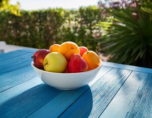 White bowl with fresh fruit on an old blue wooden table in a sunny patio. Medium shot, high-quality photo, capturing vibrant colors and natural sunlight.