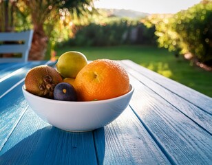 White bowl with fresh fruit on an old blue wooden table in a sunny patio. Medium shot, high-quality...