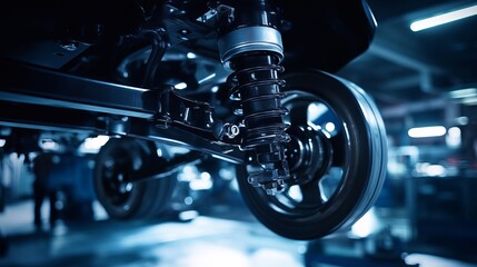 Fototapeta premium Close-Up of Car Suspension System in Mechanic Workshop with Focus on Shock Absorber and Wheel