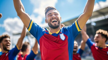 Joyful Soccer Player Celebrating Victory With Teammates Under Bright Blue Sky