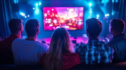 Group of Friends Enjoying a Live Gaming Stream on a Big Screen with Colorful Lights