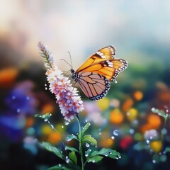 Obraz premium Vibrant Monarch Butterfly Resting on Delicate Pink Flower with Colorful Garden Background, watercolor