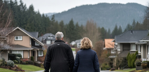 Obraz premium Couple Examining Neighborhood Before Making Buying Decision in Scenic Suburban Area