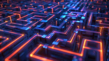 Obraz premium Orange and blue glowing lines flowing through futuristic dark circuit board forming a complex maze representing big data management and processing