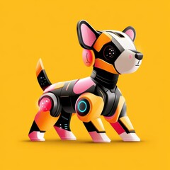 Colorful Robot Dog Toy with Abstract Shapes and Patterns on Bright Yellow Background