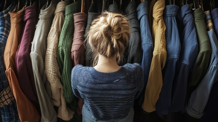 Young Woman Enjoying Shopping Spree Surrounded by Colorful Clothing Choices