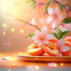 Ripe Peaches   Blossoms  Spring Fruit  Pastel Background  Soft Light