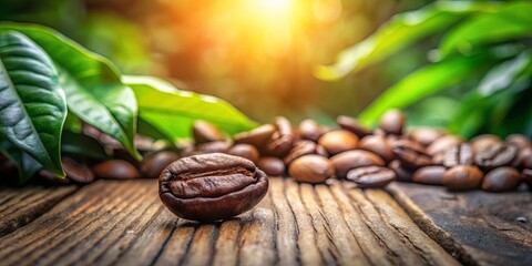 Obraz premium Single Roasted Coffee Bean on Rustic Wood with Lush Green Leaves