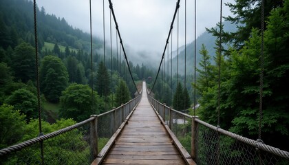 Obraz premium Suspension bridge over misty forest valley with rustic wooden planks.