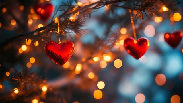 Red hearts adorn a tree with warm lights