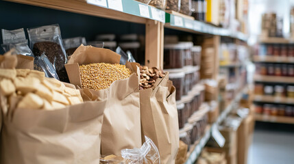 Eco-Friendly Packaging of Various Products on Store Shelf in Modern Retail Environment