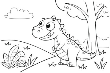 cute dinosaur some grass and a tree, coloring book
