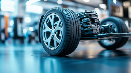 Fototapeta premium Close-Up of an Electric Vehicle Battery Compartment and Wheel Assembly on a Display Floor