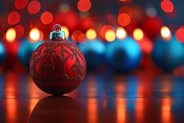 Close up of various christmas ornaments and twinkling fairy lights on a festive table setting