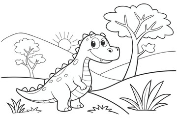 cute dinosaur some grass and a tree, coloring book