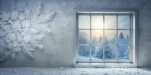 Fototapeta premium Winter Wonderland Window Scene Frosty Snowflake and Snowy Landscape View