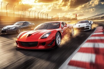 Naklejka premium Race cars speeding on a track during a vibrant sunset with dust and motion effects