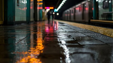 A wet, urban scene at night with a train in the background and colorful lights reflecting on the ground.