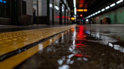 A low angle view of a wet subway platform with yellow lines and reflections of lights.