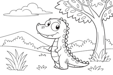 cute dinosaur some grass and a tree, coloring book