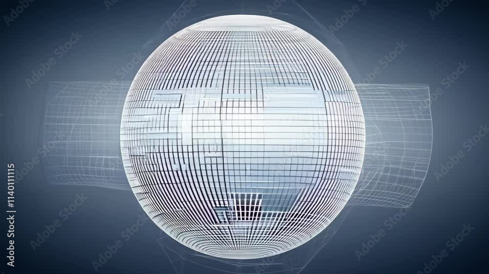 Poster visual exploration of a reflective sphere with intricate grid patterns and dynamic lighting effects
