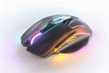 Nowoczesna, gamingowa mysz komputerowa z podświetleniem LED RGB w dynamicznych kolorach, ukazana na jasnym tle. 