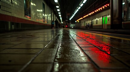 A low angle view of wet tiles on a subway platform reflecting red lights.