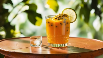 Refreshing glass of passion fruit juice with pulp, ice, and lime garnish outdoors