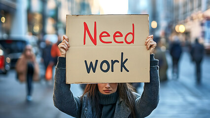 A woman holds a sign that says "Need work" . People walk in the background.
