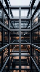 Looking down from inside the entrance of a tall concrete apartment building in Hong Kong on a cloudy day, showcasing symmetrical design.