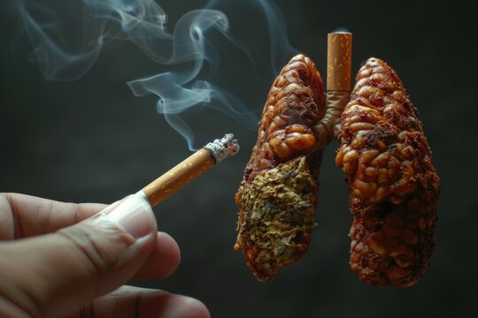 A smoker holding a cigarette next to lungs filled with smoke illustrating health risks of smoking