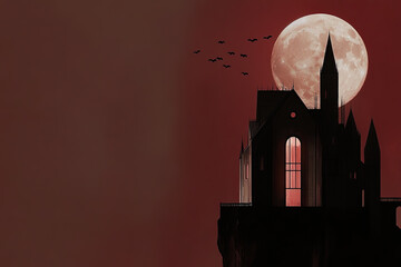 A vampire's castle with bats flying around it and a large red moon in the background. The castle is surrounded by a dark forest and the bats are flying around it.