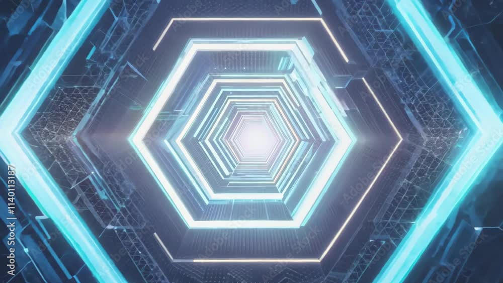Poster Futuristic hexagonal tunnel with glowing edges and bright center
