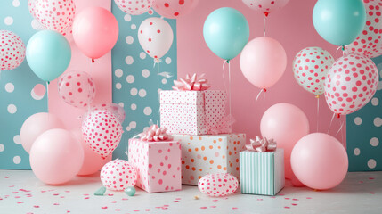 Pastel gift boxes and balloons, birthday party, holidays background, New year 2025 celebration concept