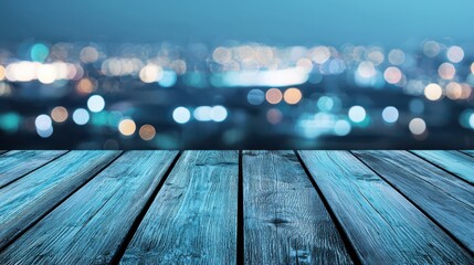 Wooden table with a blue top and a city skyline in the background. The city skyline is lit up with lights, creating a moody and dreamy atmosphere