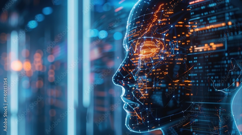 Poster artificial intelligence head made of digital code processing big data inside a futuristic server roo